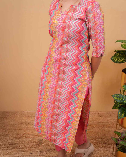 Pink Zigzag Print Straight Kurti for Women