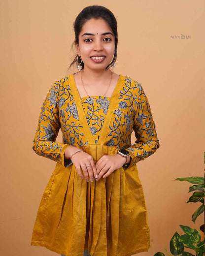 Mustard Yellow Printed Flared Kurti