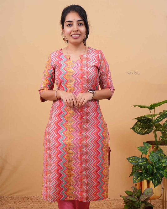 Pink Zigzag Print Straight Kurti for Women
