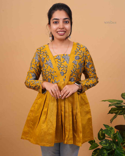 Mustard Yellow Printed Flared Kurti