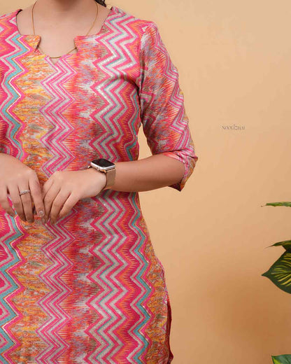 Pink Zigzag Print Straight Kurti for Women