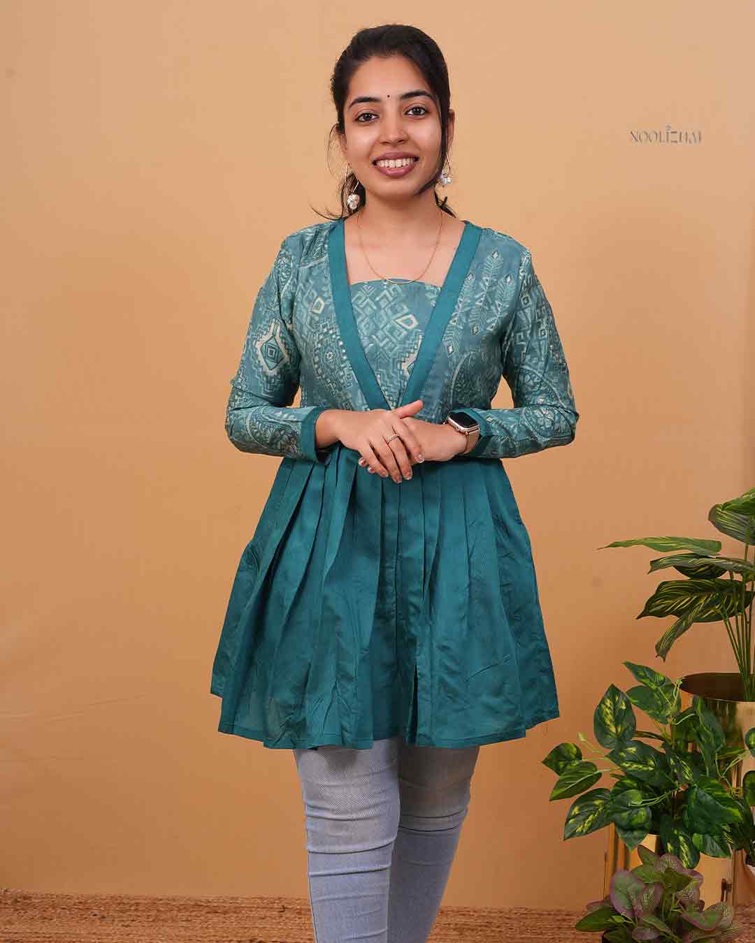Teal Green Printed Flared Kurti