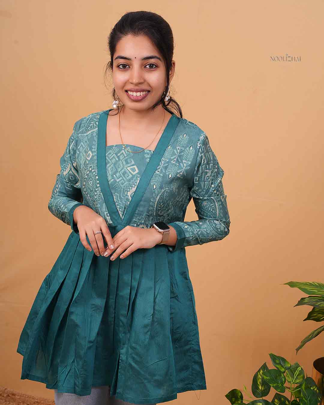 Teal Green Printed Flared Kurti