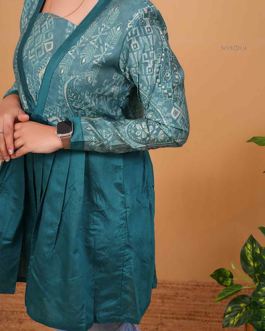 Teal Green Printed Flared Kurti