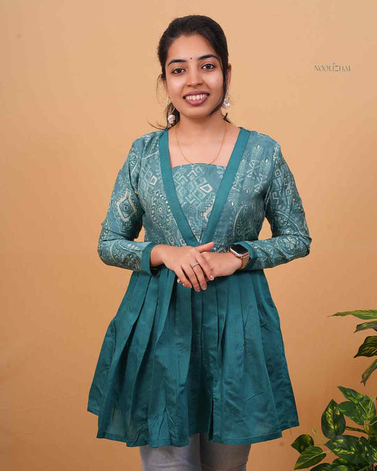 Teal Green Printed Flared Kurti