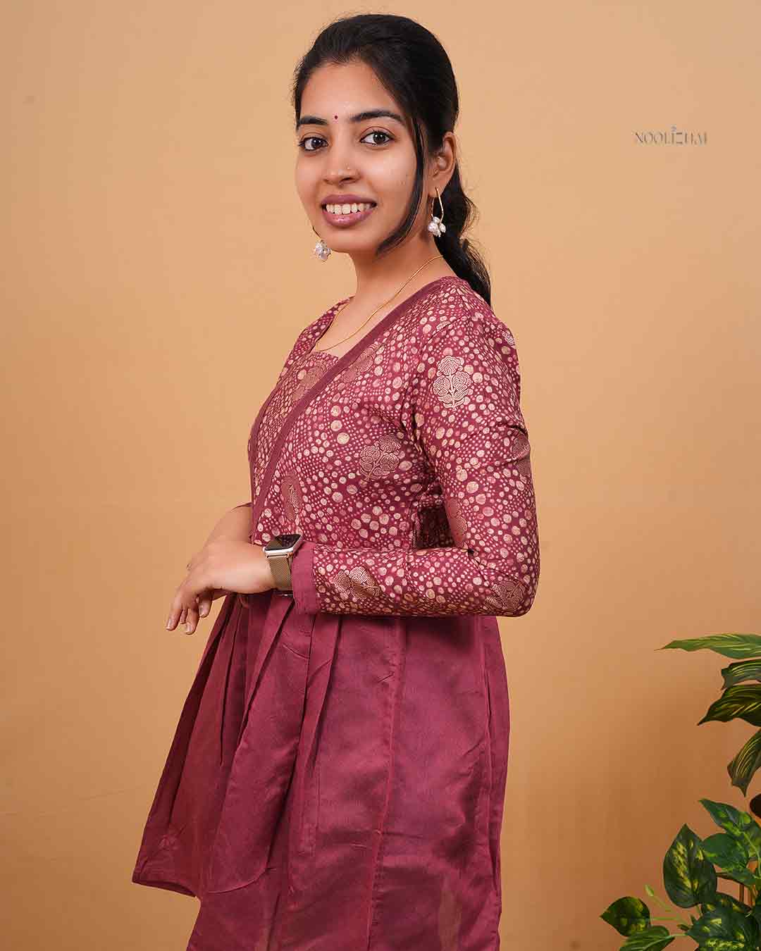Wine Red Printed Flared Kurti