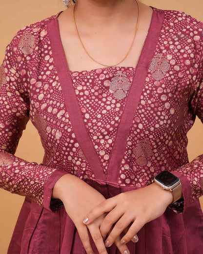 Wine Red Printed Flared Kurti