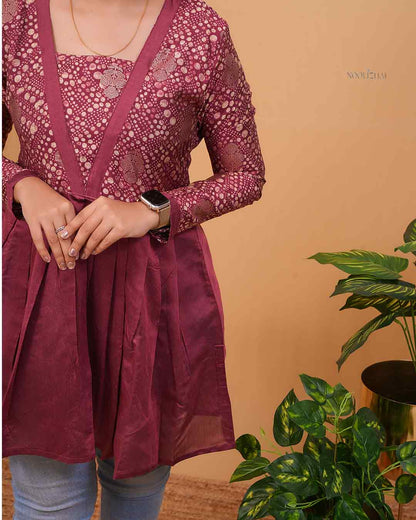 Wine Red Printed Flared Kurti