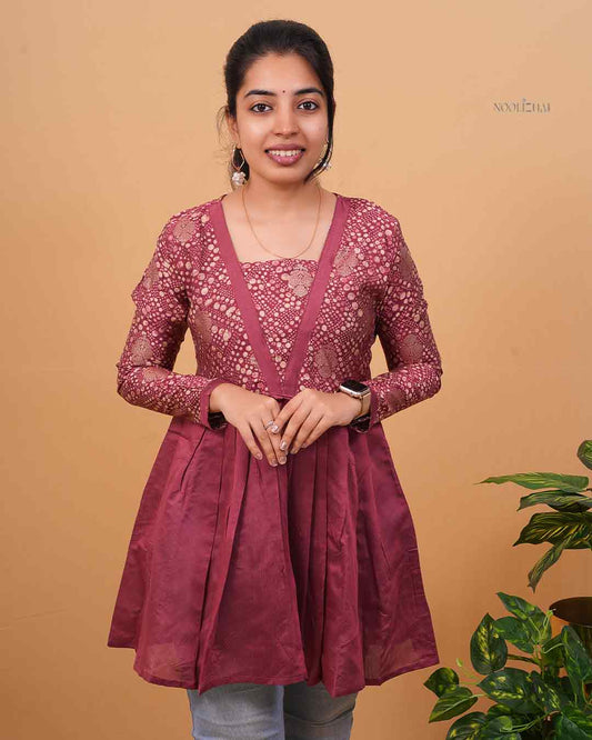 Wine Red Printed Flared Kurti