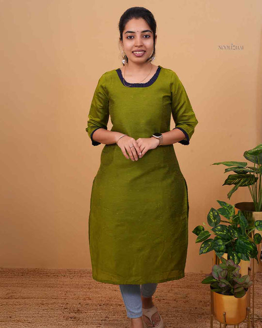 Contrast Trim Olive Green Kurti