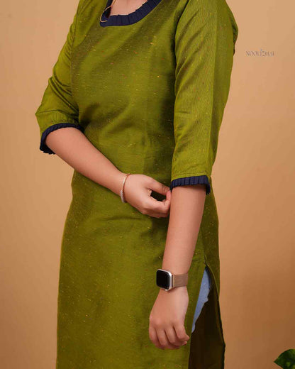 Contrast Trim Olive Green Kurti
