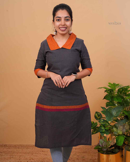 Charcoal Grey Cotton Kurti with Contrast Orange Collar