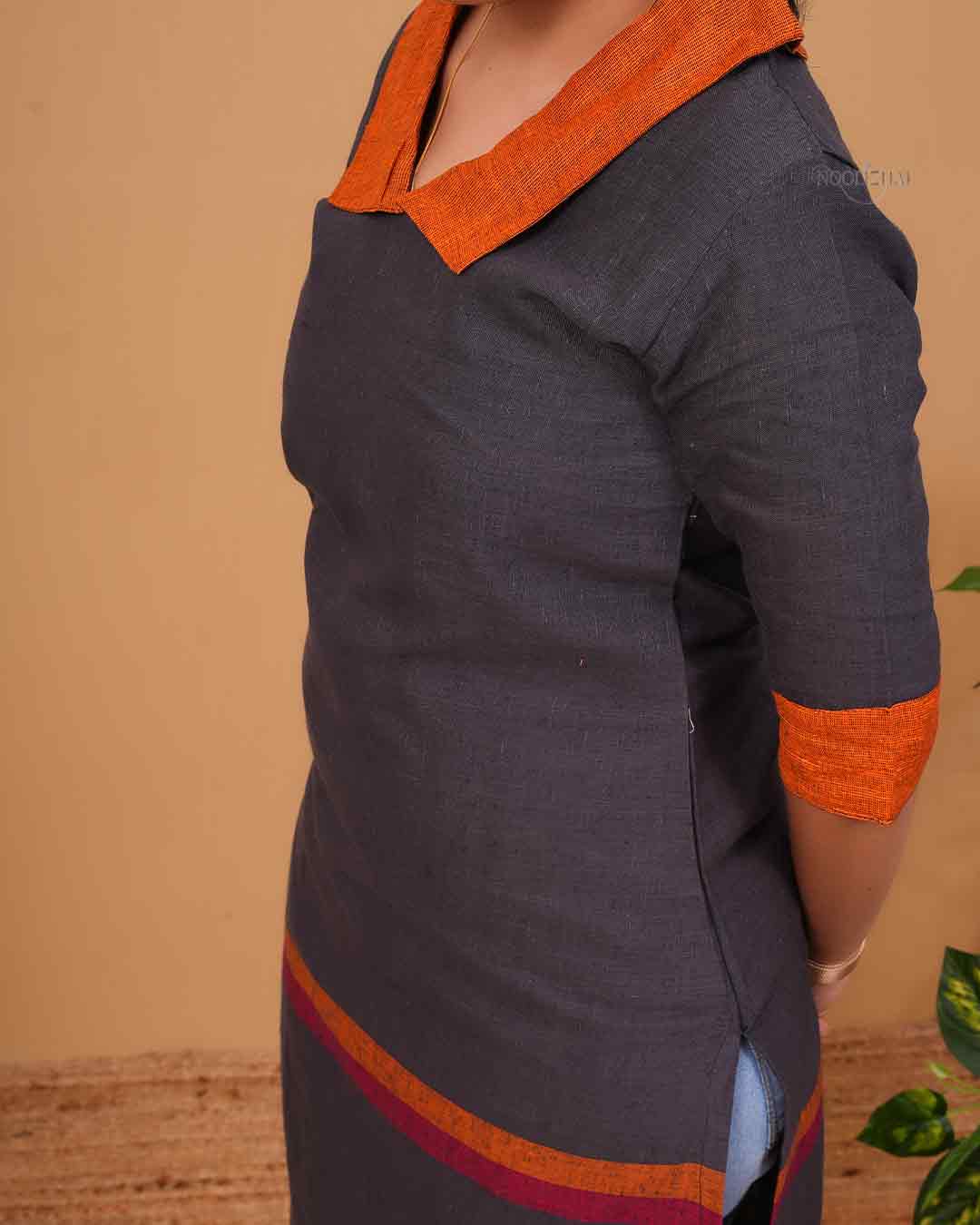 Charcoal Grey Cotton Kurti with Contrast Orange Collar
