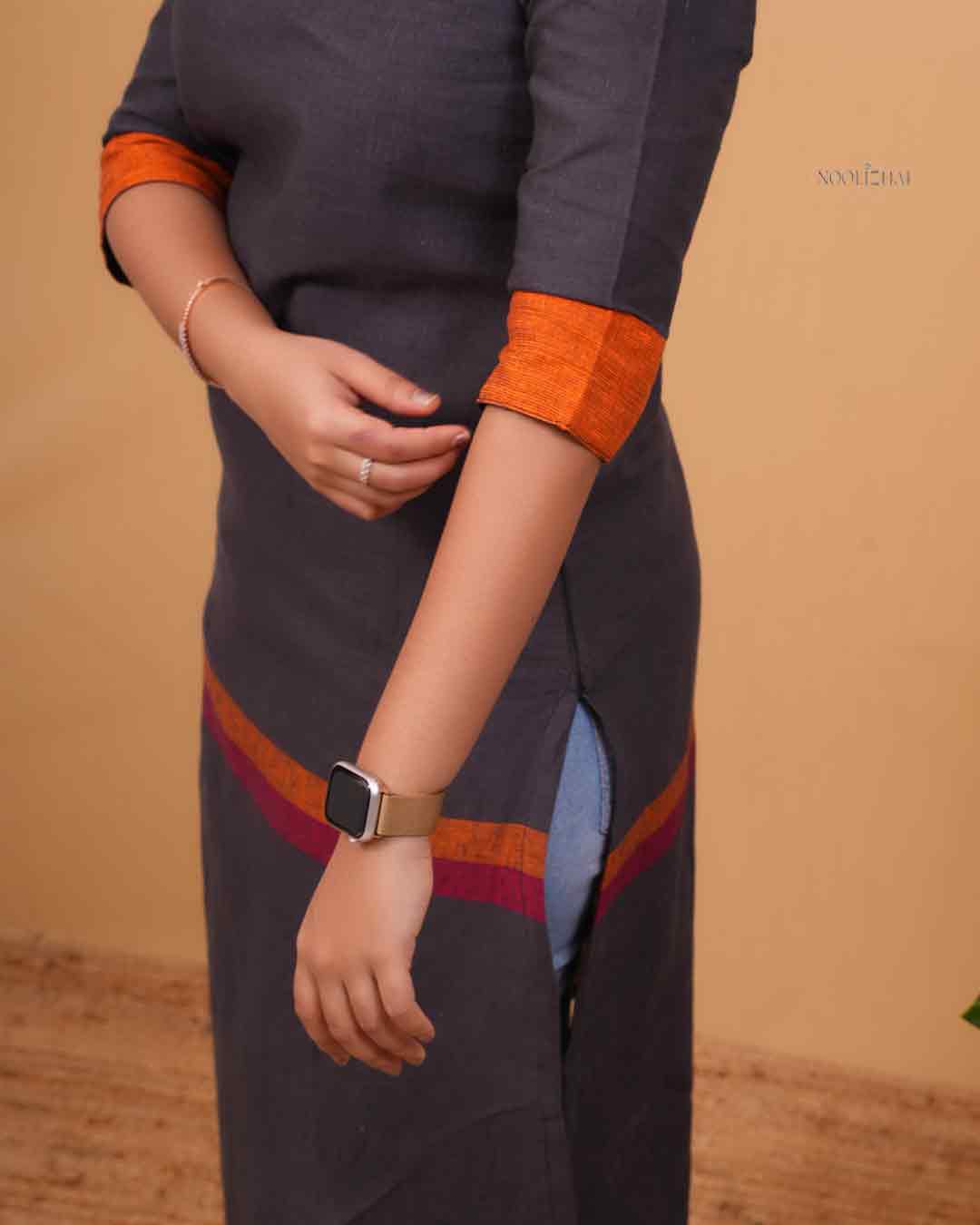 Charcoal Grey Cotton Kurti with Contrast Orange Collar