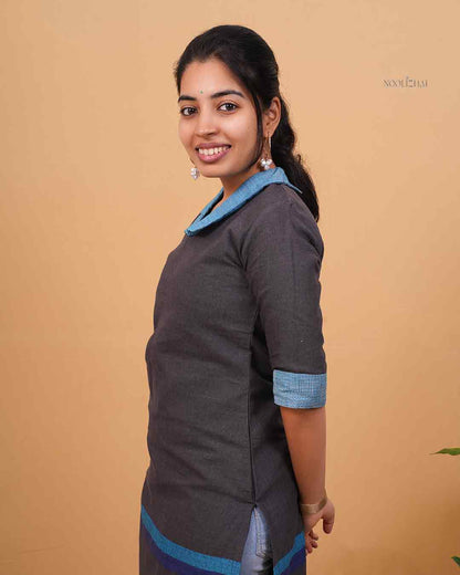 Charcoal Grey Straight Kurti with Blue Contrast Collar &amp; Border