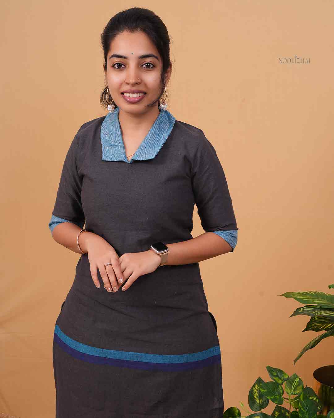 Charcoal Grey Straight Kurti with Blue Contrast Collar &amp; Border