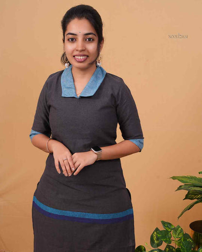 Charcoal Grey Straight Kurti with Blue Contrast Collar &amp; Border