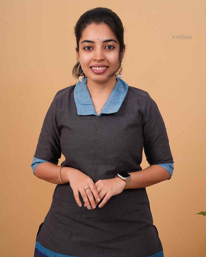 Charcoal Grey Straight Kurti with Blue Contrast Collar &amp; Border