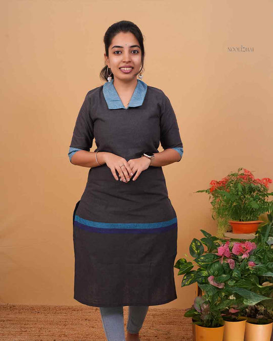 Charcoal Grey Straight Kurti with Blue Contrast Collar &amp; Border