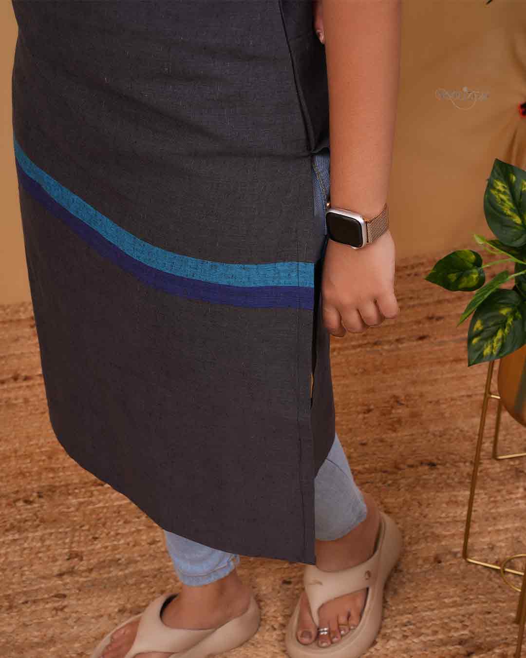 Charcoal Grey Straight Kurti with Blue Contrast Collar &amp; Border