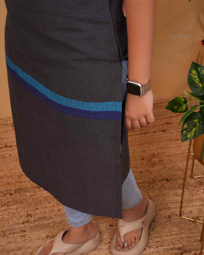 Charcoal Grey Straight Kurti with Blue Contrast Collar &amp; Border