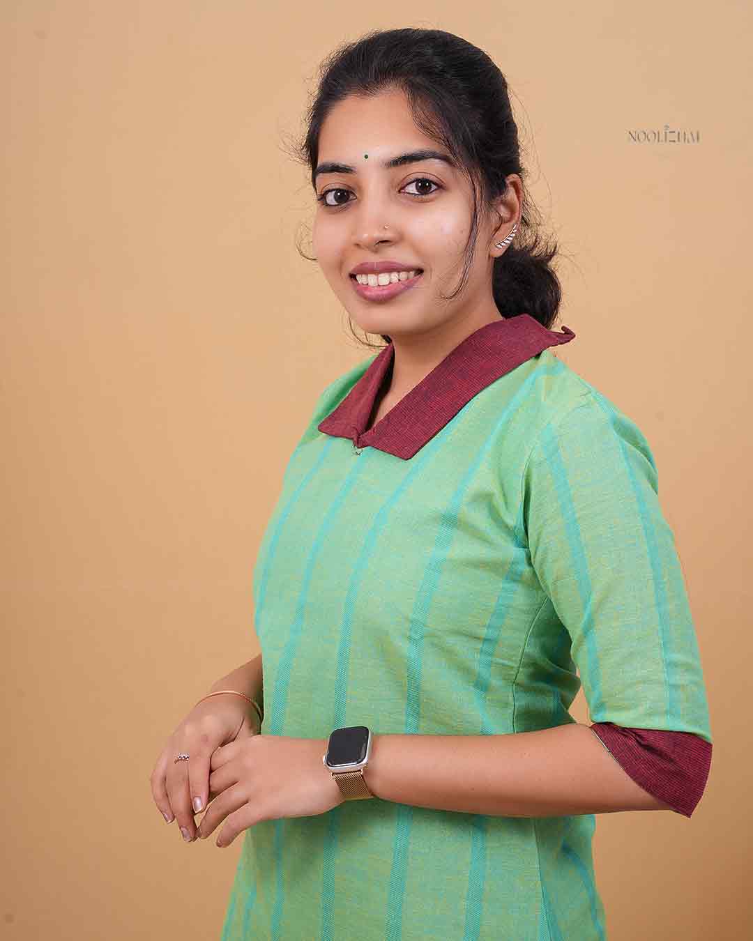 Mint Green Striped Straight Kurti with Contrast Collar