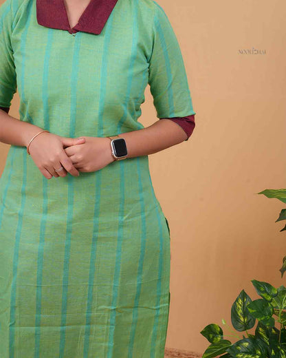 Mint Green Striped Straight Kurti with Contrast Collar