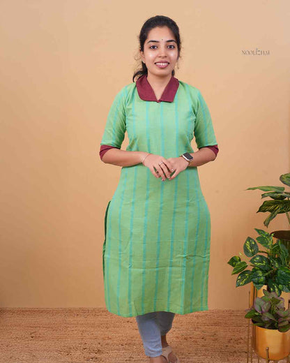 Mint Green Striped Straight Kurti with Contrast Collar