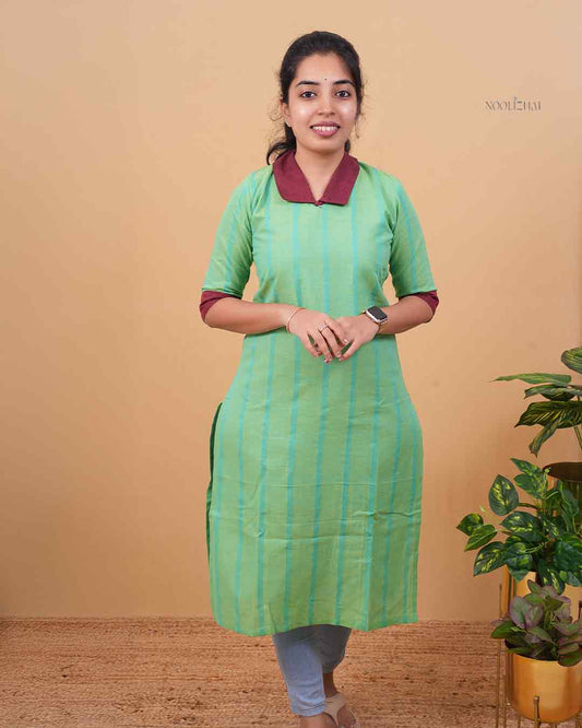 Mint Green Striped Straight Kurti with Contrast Collar
