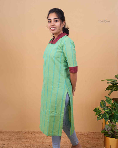 Mint Green Striped Straight Kurti with Contrast Collar