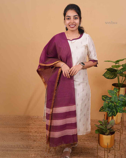 Cream Straight Kurti Set with Wine Dupatta – Silk Cotton Blend Ethnic Wear