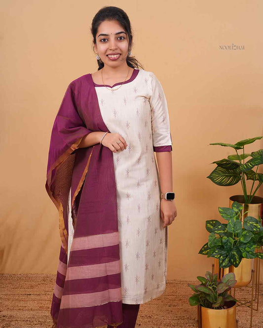 Cream Straight Kurti Set with Wine Dupatta – Silk Cotton Blend Ethnic Wear