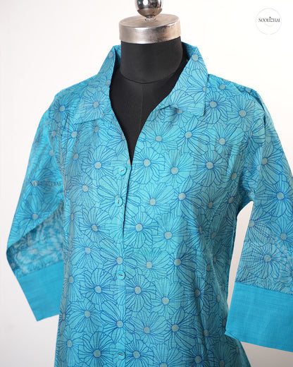 BLUE FLORAL COLLAR KURTI