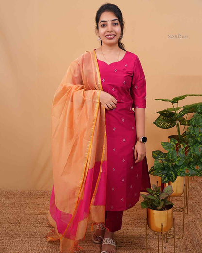 Rose Garnet silk cotton Kurta Set with Peach Tissue Dupatta