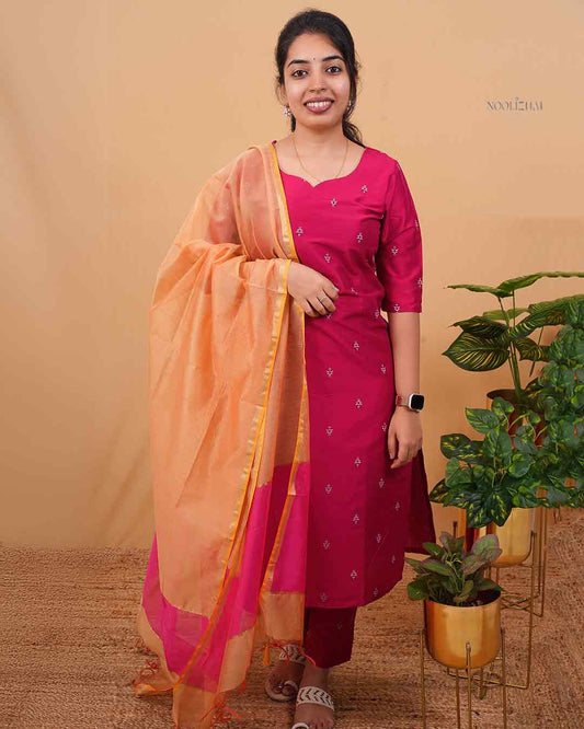 Rose Garnet silk cotton Kurta Set with Peach Tissue Dupatta