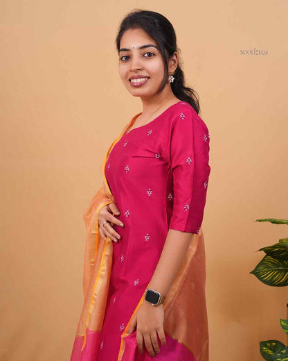 Rose Garnet silk cotton Kurta Set with Peach Tissue Dupatta