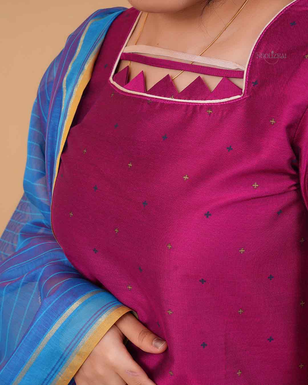 Magenta Silk Blend Kurta Set with Blue Striped Dupatta