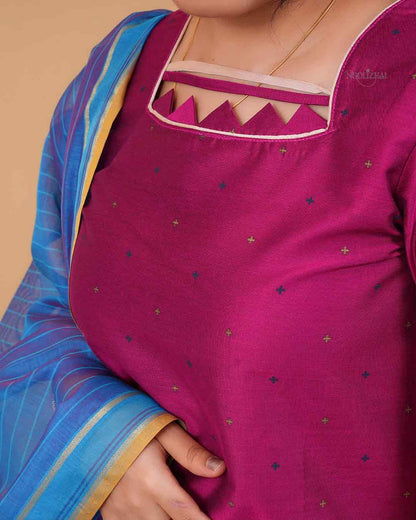 Magenta Silk Blend Kurta Set with Blue Striped Dupatta