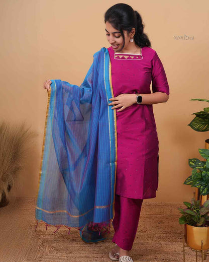 Magenta Silk Blend Kurta Set with Blue Striped Dupatta