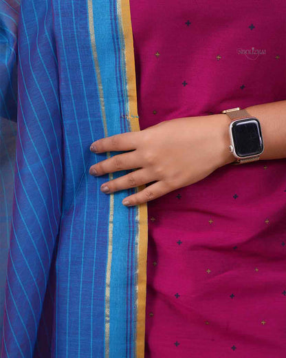 Magenta Silk Blend Kurta Set with Blue Striped Dupatta
