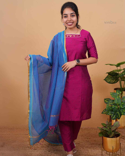 Magenta Silk Blend Kurta Set with Blue Striped Dupatta