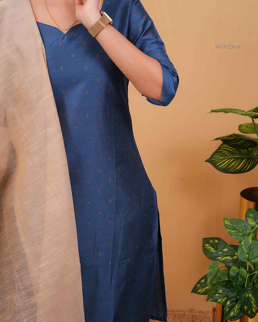 Midnight Blue Kurta Set with Beige Tissue Dupatta