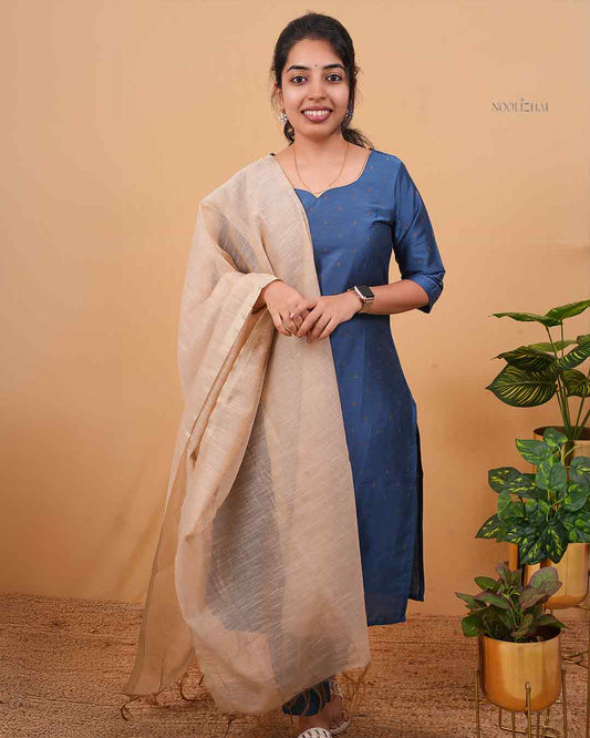 Midnight Blue Kurta Set with Beige Tissue Dupatta