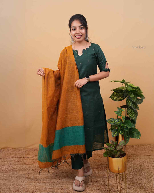Heritage Green Kurta with Mustard Border Dupatta