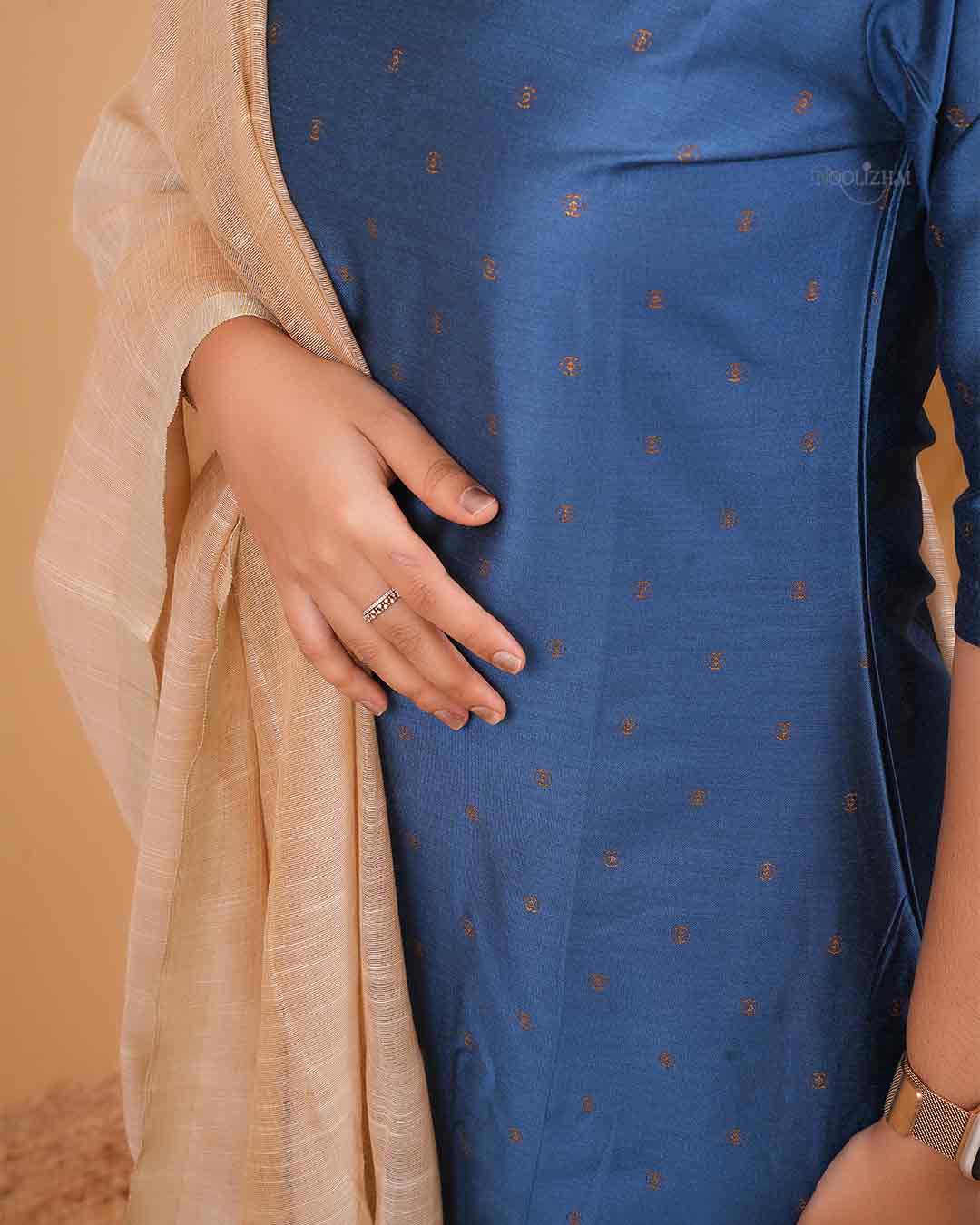 Midnight Blue Kurta Set with Beige Tissue Dupatta