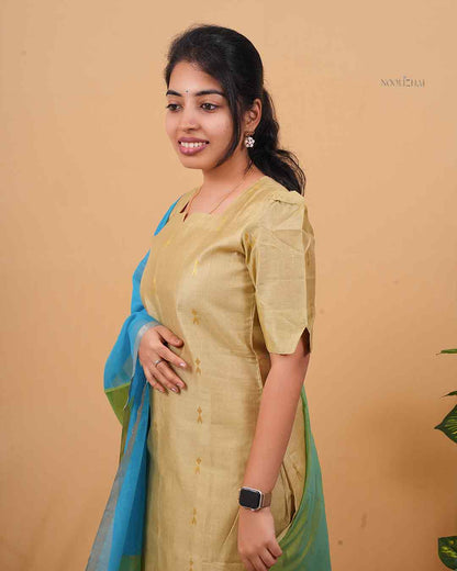 Handloom-Style Olive Kurta Set with Teal Dupatta