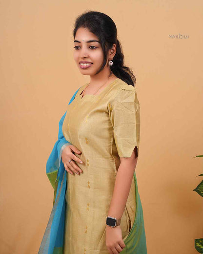 Handloom-Style Olive Kurta Set with Teal Dupatta