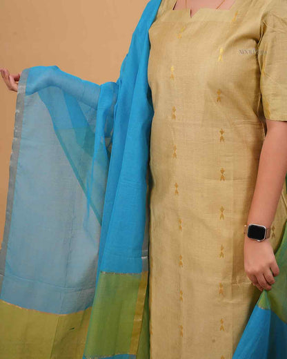 Handloom-Style Olive Kurta Set with Teal Dupatta