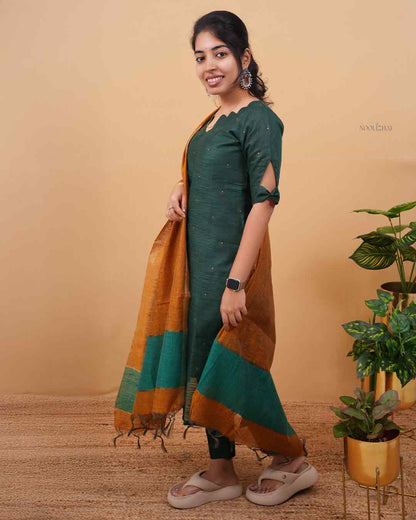 Heritage Green Kurta with Mustard Border Dupatta