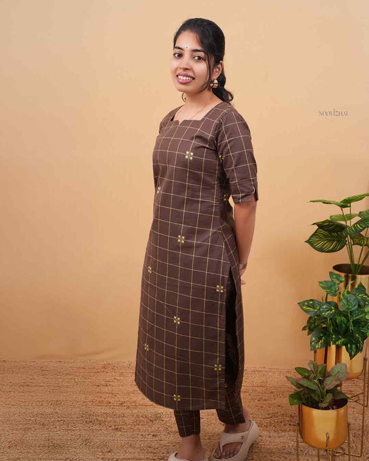 Chocolate Brown Checked Kurta Set